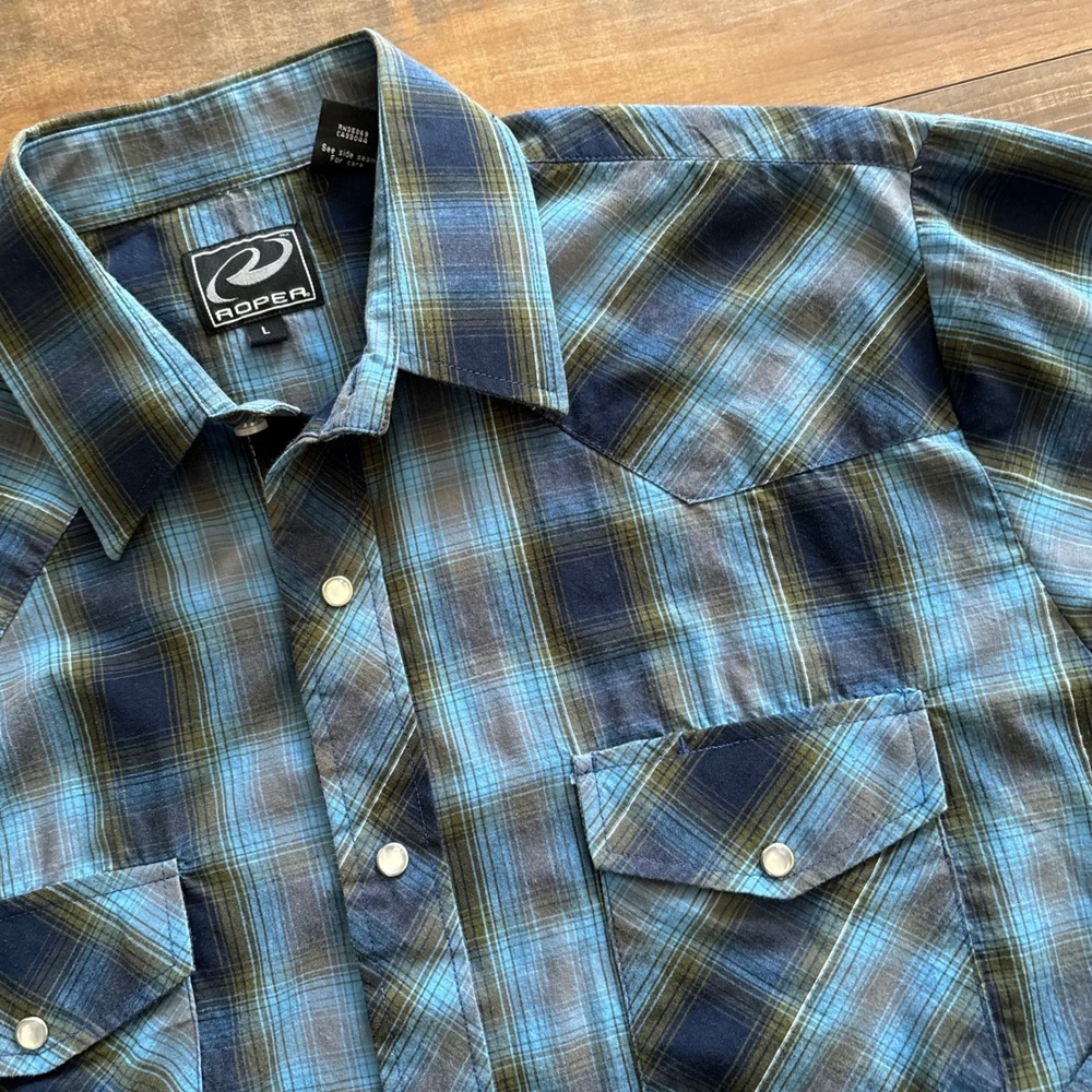 Roper Western Blue Green Silver Thread Plaid Pearl Snap Button Shirt Men's Sz Lg